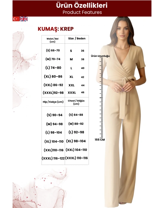 Kadın Kruvaze Yaka Kuşaklı Krep Kumaş Tulum