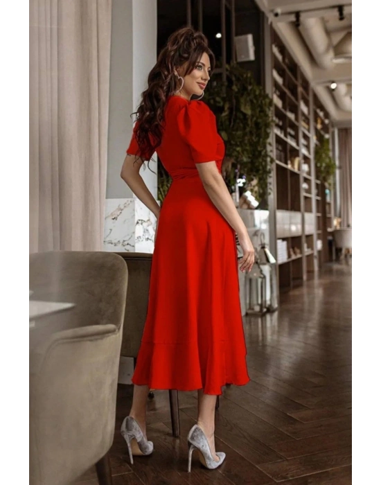 Kadın Kruvaze Yaka Midi Boy Kuşaklı Krep Elbise 120 Cm