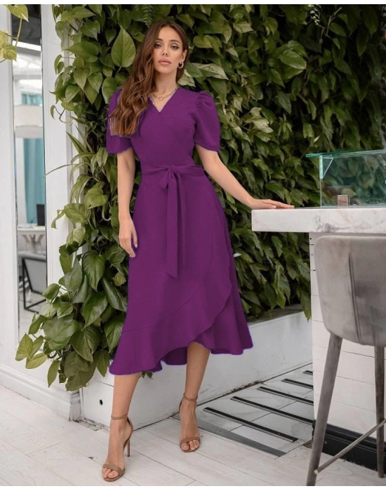 Kadın Kruvaze Yaka Midi Boy Kuşaklı Krep Elbise 120 Cm