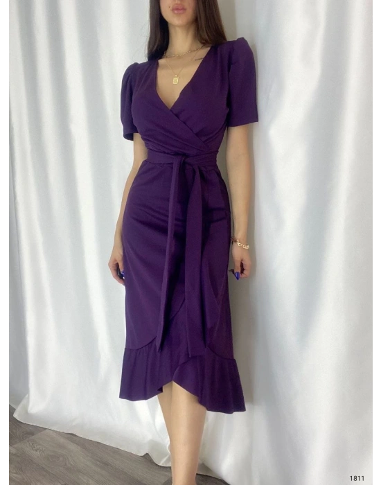 Kadın Kruvaze Yaka Midi Boy Kuşaklı Krep Elbise 120 Cm