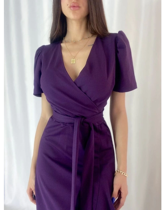 Kadın Kruvaze Yaka Midi Boy Kuşaklı Krep Elbise 120 Cm