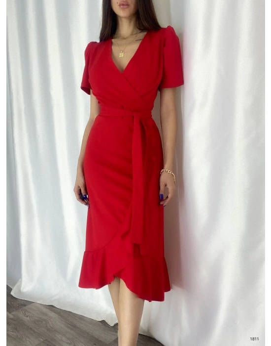 Kadın Kruvaze Yaka Midi Boy Kuşaklı Krep Elbise 120 Cm