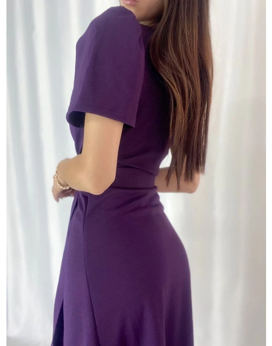 Kadın Kruvaze Yaka Midi Boy Kuşaklı Krep Elbise 120 Cm