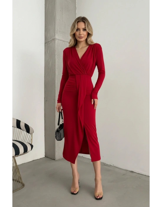 Kadın Kruvaze Yaka Önü Kuşaklı Drapeli Midi Elbise