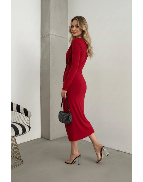 Kadın Kruvaze Yaka Önü Kuşaklı Drapeli Midi Elbise