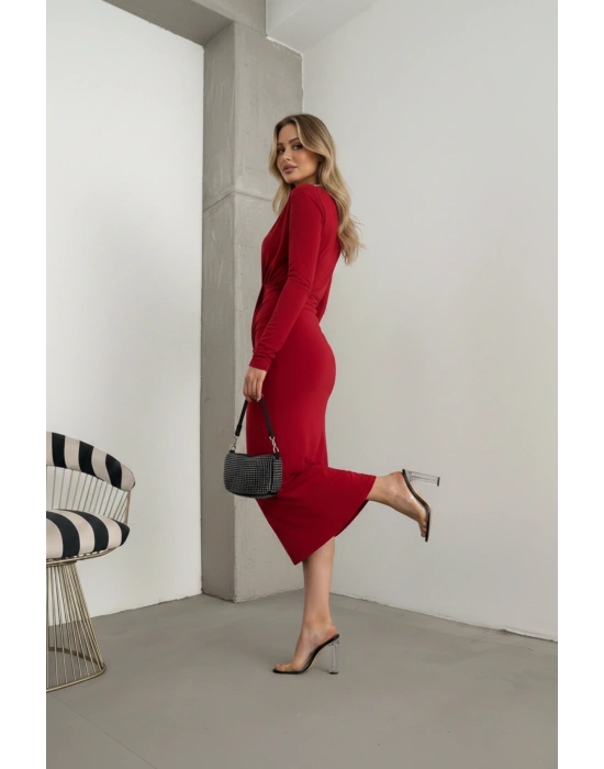 Kadın Kruvaze Yaka Önü Kuşaklı Drapeli Midi Elbise