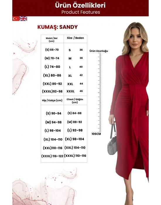 Kadın Kruvaze Yaka Önü Kuşaklı Drapeli Midi Elbise