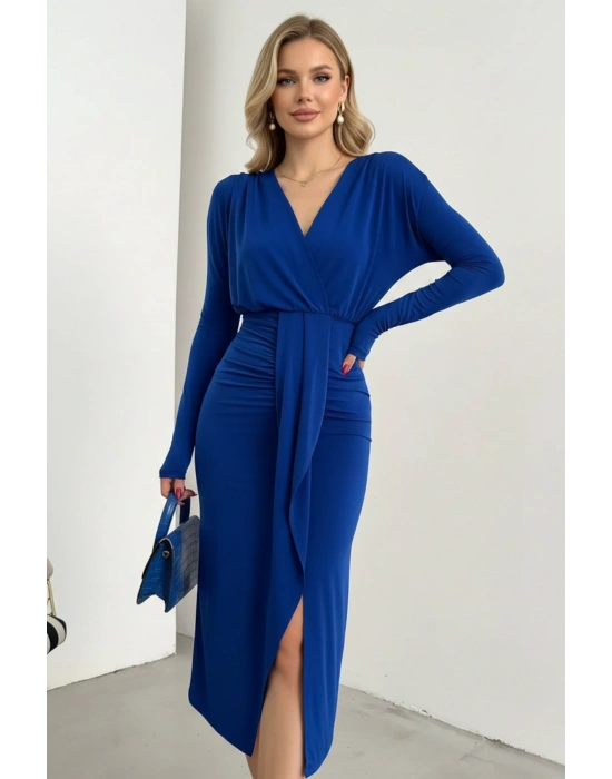 Kadın Kruvaze Yaka Önü Kuşaklı Drapeli Midi Elbise