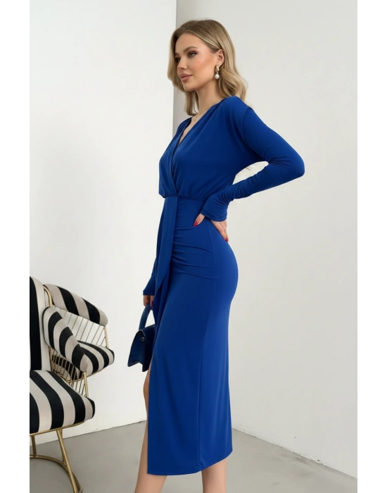 Kadın Kruvaze Yaka Önü Kuşaklı Drapeli Midi Elbise