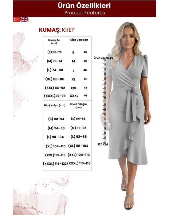 Kadın Kumaş Kısa Kollu Kuşaklı Midi Elbise