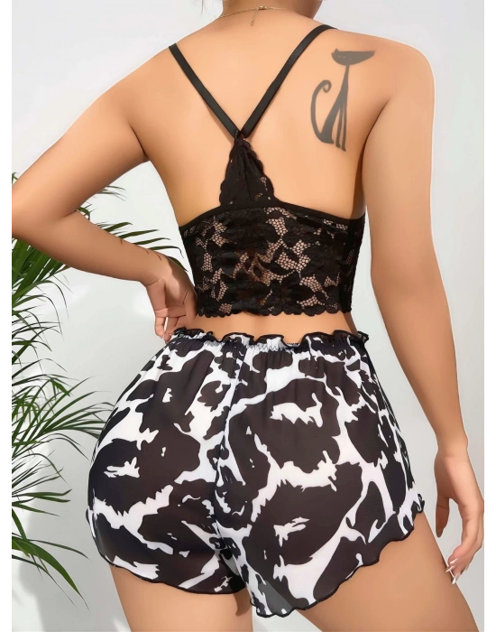 Kadın Siyah Leopar desenli Dantel detaylı Şortlu Gecelik Pijama Takımı 5055