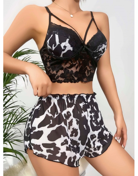 Kadın Siyah Leopar desenli Dantel detaylı Şortlu Gecelik Pijama Takımı 5055