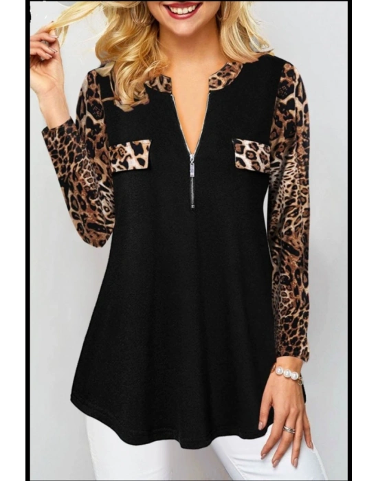 Kadın Leopar Desen Fermuar Detay Viskon Kumaş Bluz