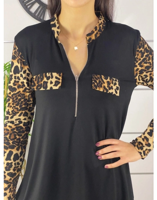 Kadın Leopar Desen Fermuar Detay Viskon Kumaş Bluz