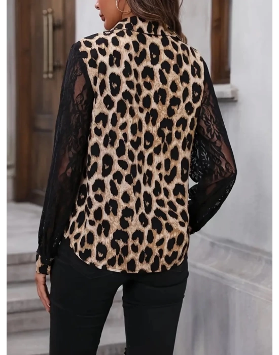 Kadın Leopar Desenli Kolları Tül Detaylı Krep Bluz