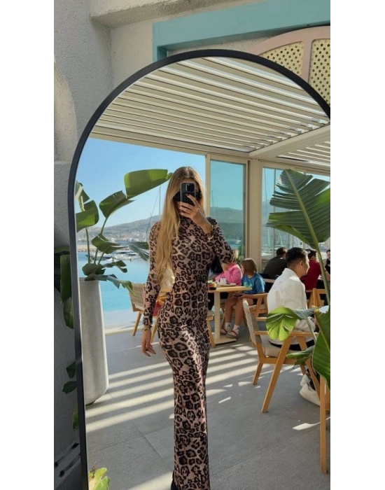 Kadın Leopar Desenli Sırt Dekoltelı Maxı Boy Elbise