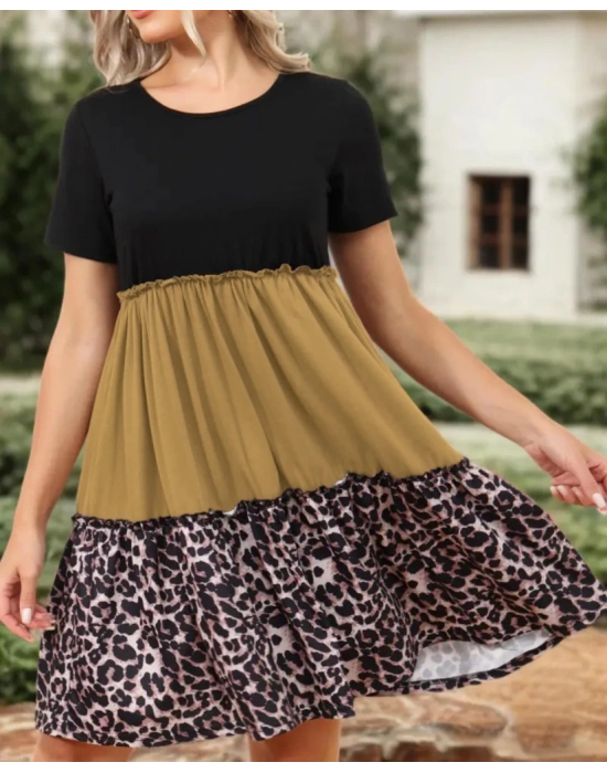 Kadın Leopar Detay üç Parça Viskon Elbise