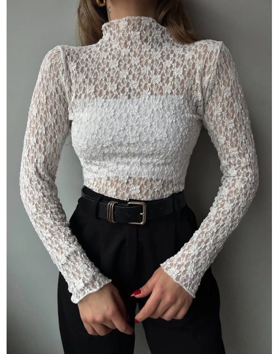 Kadın Likralı Dantel Transparan Uzun Kol Crop Bluz