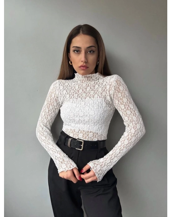Kadın Likralı Dantel Transparan Uzun Kol Crop Bluz