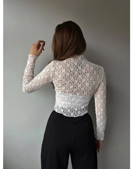 Kadın Likralı Dantel Transparan Uzun Kol Crop Bluz