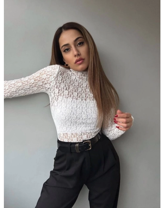 Kadın Likralı Dantel Transparan Uzun Kol Crop Bluz