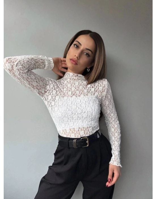Kadın Likralı Dantel Transparan Uzun Kol Crop Bluz