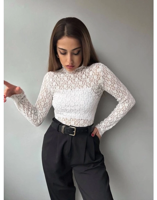 Kadın Likralı Dantel Transparan Uzun Kol Crop Bluz