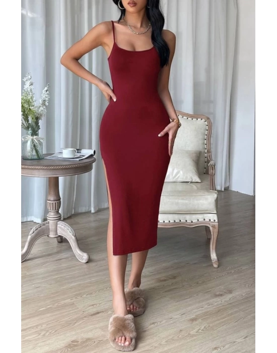 Kadın Likralı Kumaş Askılı Yırtmaç Detay Elbise