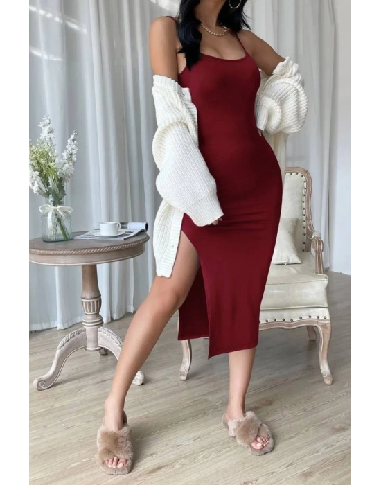 Kadın Likralı Kumaş Askılı Yırtmaç Detay Elbise