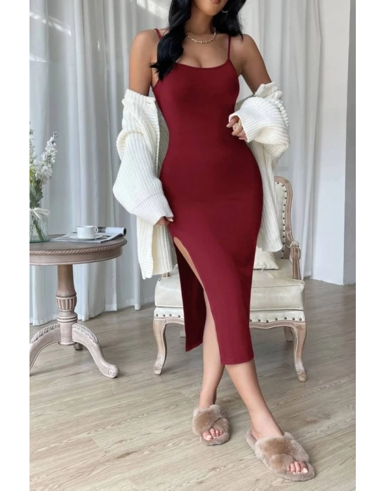 Kadın Likralı Kumaş Askılı Yırtmaç Detay Elbise
