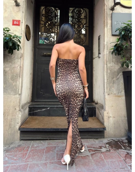 Kadın Likralı Kumaş Leopar Desenli Yırtmaç Detaylı Maxi Boy Elbise