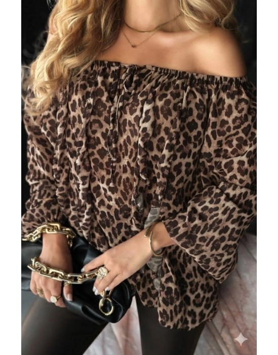 Kadın Madonna Yaka Bağcıklı Leopar Desen Detaylı şifon Bluz