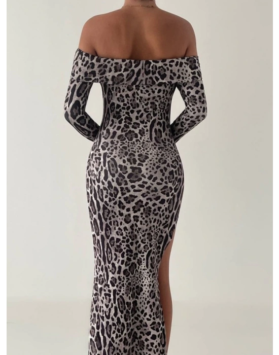 Kadın Madonna Yaka Dalgıç Kumaş Leopar Desen Maxi Boy Derin Yırtmaçlı Elbise