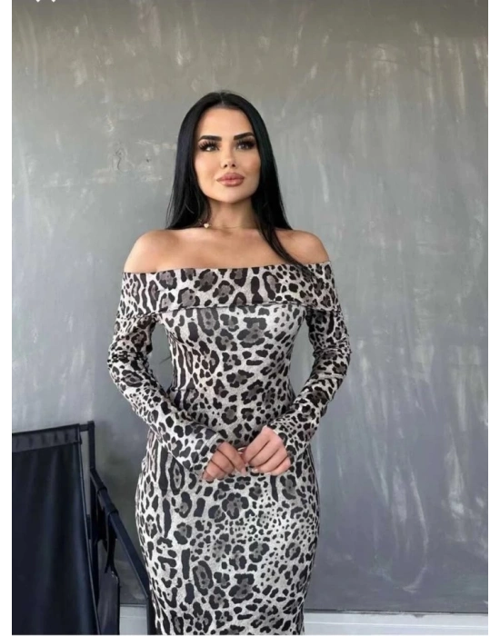 Kadın Madonna Yaka Dalgıç Kumaş Leopar Desen Maxi Boy Derin Yırtmaçlı Elbise