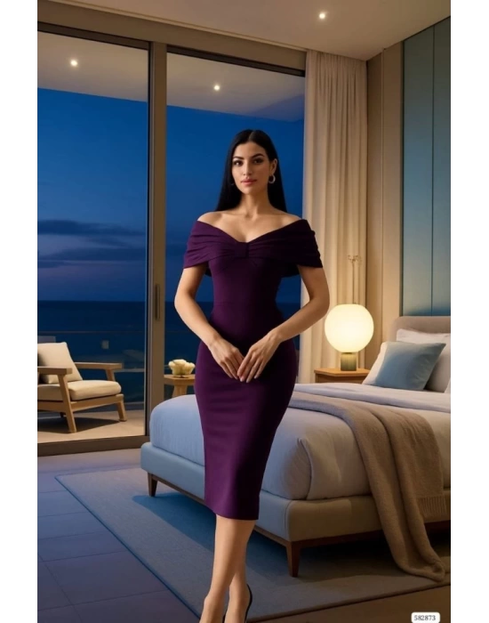 Kadın Madonna Yaka Dalgıç Kumaş Midi Boy Elbise