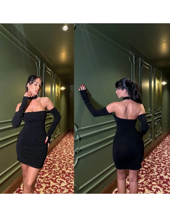 Kadın Madonna Yaka Simli Flower Kumaş Mini Elbise