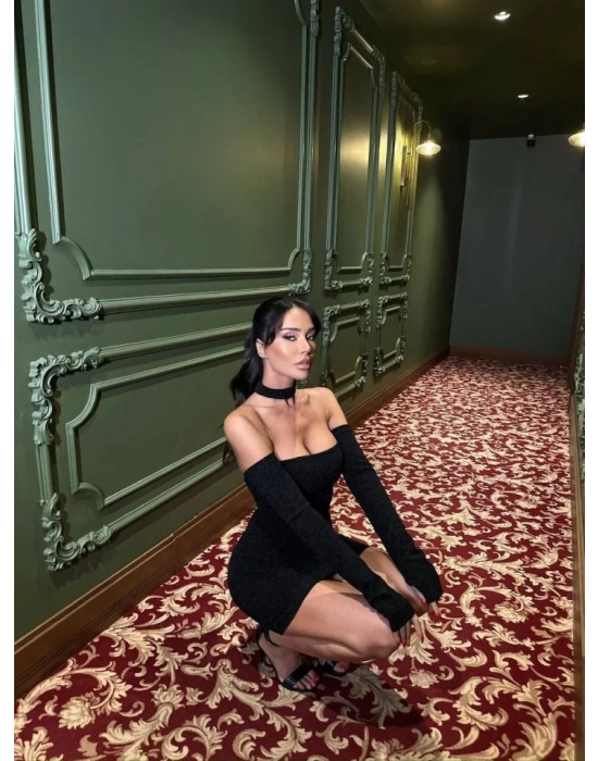 Kadın Madonna Yaka Simli Flower Kumaş Mini Elbise