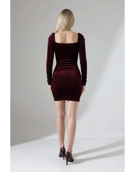 Kadın Madonna Yaka Uzun Kollu Büzgülü Kadife Mini Elbise