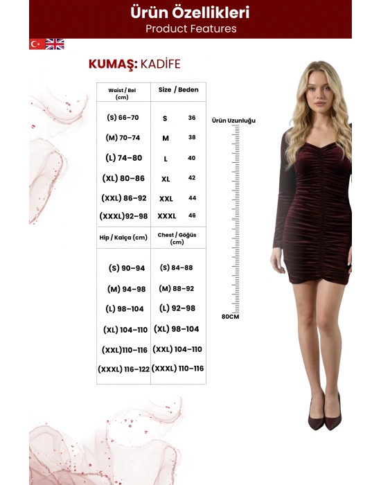 Kadın Madonna Yaka Uzun Kollu Büzgülü Kadife Mini Elbise