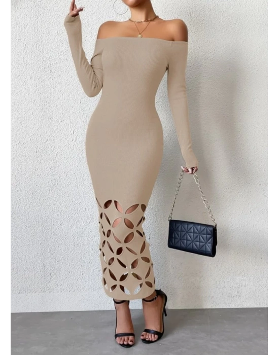 Kadın Madonna Yaka Uzun Kollu Lazer çiçek Kesim Detaylı Uzun Ithal Krep Elbise