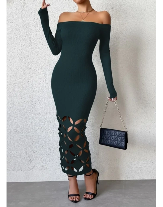 Kadın Madonna Yaka Uzun Kollu Lazer çiçek Kesim Detaylı Uzun Ithal Krep Elbise