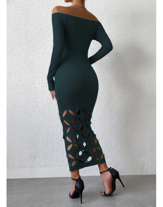 Kadın Madonna Yaka Uzun Kollu Lazer çiçek Kesim Detaylı Uzun Ithal Krep Elbise