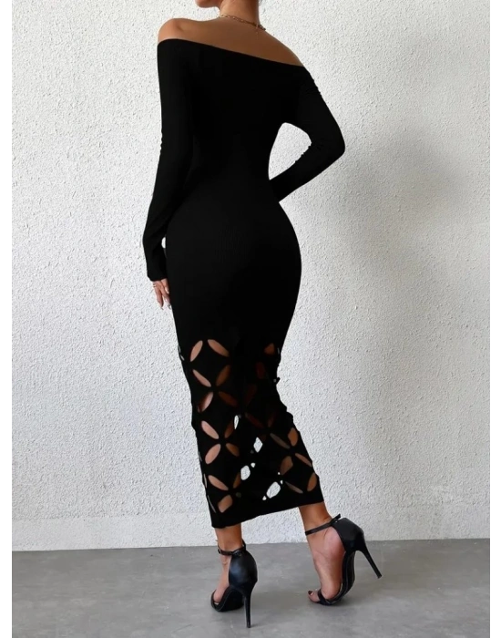 Kadın Madonna Yaka Uzun Kollu Lazer çiçek Kesim Detaylı Uzun Ithal Krep Elbise