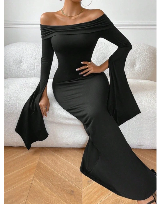 Kadın Madonna Yaka Uzun Yırtmaç Kol Detaylı Uzun Ithal Krep Elbise