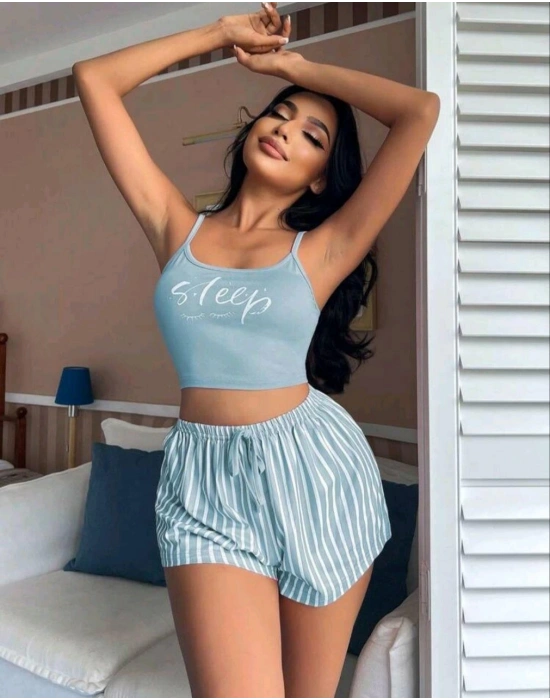 Kadın Mavi Çizgili Desenli Askılı Şortlu Pijama Takım 5001