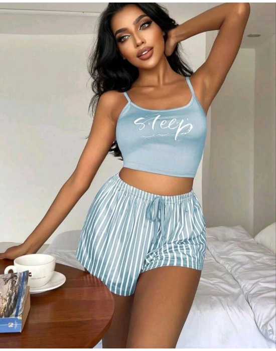 Kadın Mavi Çizgili Desenli Askılı Şortlu Pijama Takım 5001