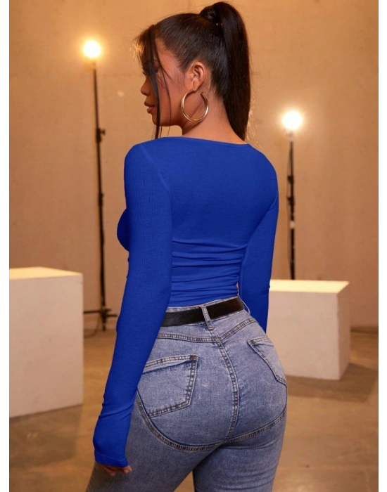 Kadın Mavi Kaşkorse Kumaş Bluz