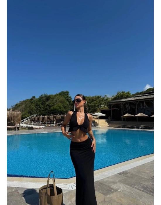 Kadın Mayo Kumaş Bağlamalı Crop Ve Maxi Boy Etek Ikili Takım