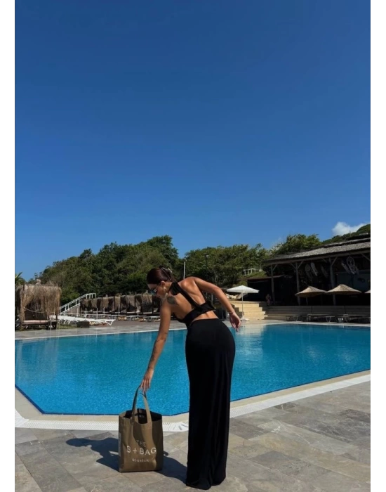 Kadın Mayo Kumaş Bağlamalı Crop Ve Maxi Boy Etek Ikili Takım