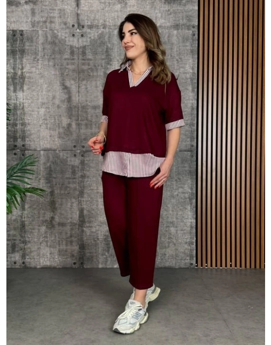 Kadın Modal Kumaş çizgili Gömlek Yaka Ikili Takım
